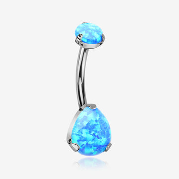 Implant Grade Titanium Internally Threaded Teardrop Opal Prong Belly Button Ring-Blue Opal